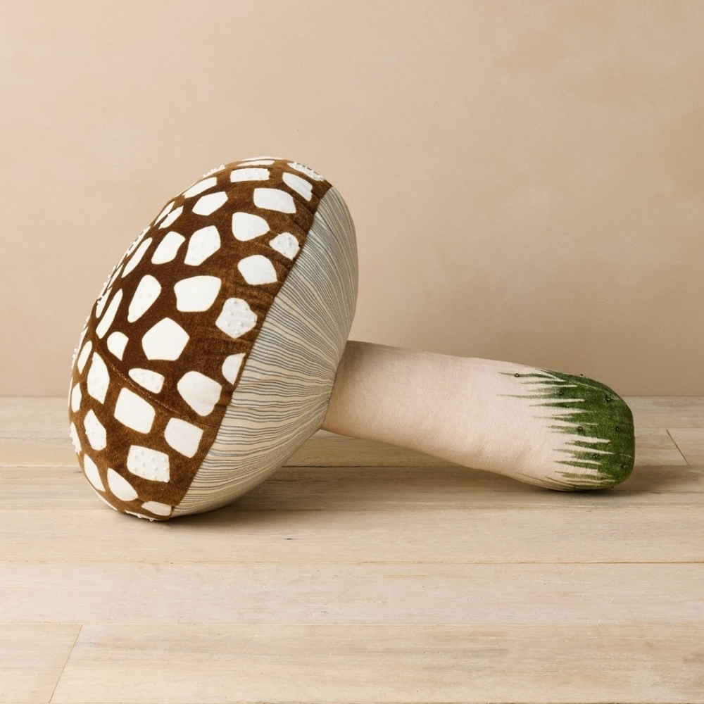 John Derian Brown White Spotted 16" Velvet Beaded Mushroom Pillow